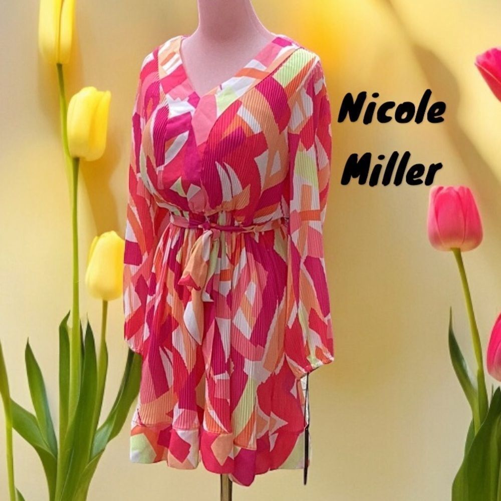 NICOLE MILLER NEW WITH TAGS BRIGHT COLORED PRINTED PLEATED MINI DRESS SMALL